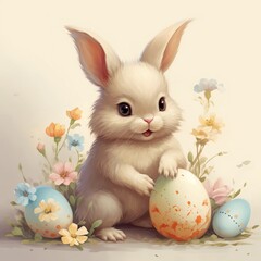 A cute bunny holds an Easter egg with his paw on a beige background with delicate flowers. Festive Easter concept