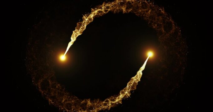 The flight of two meteors along bizarre intersecting trajectories. Firework. Fireballs with glowing tails. Abstract animation.