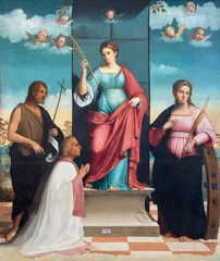 Deurstickers TREVISO, ITALY - NOVEMBER 8, 2023: The painting of St. Justina, St. Catherine of Alexandria and St. John the Baptist in the church La Cattedrale di San Pietro Apostolo by Francesco Bisollo (1530). © Renáta Sedmáková