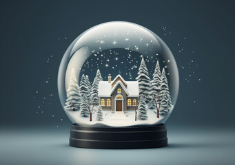 Snow globe with trees on winter snowfall background. 3d illustration