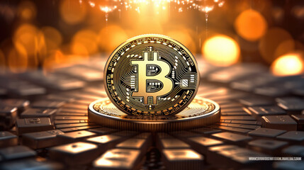 Bitcoin coin lies on digital asset growth board, digital cryptocurrency