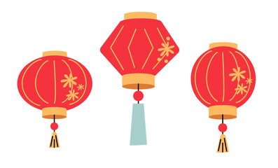 Fototapeta na wymiar Set of Chinese Red Lanterns. Decoration elements for Chinese New Year. Symbol of wealth and prosperity. Flat graphic design. Various Lanterns isolated on white background. 