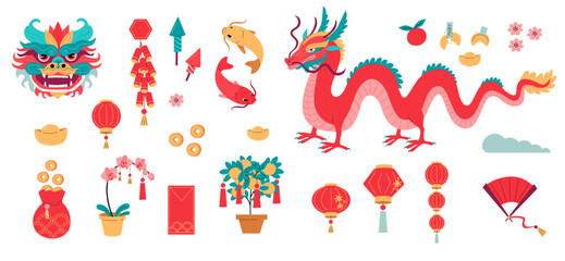 Dragon Lunar New Year illustration set. Chinese New Year elements. Chinese zodiac Dragon. Asian Culture bundle. Symbol of Good Fortune. Vibrant Celebrations  New Year Clip Art.  - obrazy, fototapety, plakaty