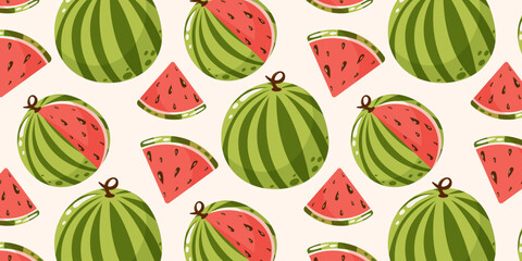 Watermelon seamless pattern. Summer tropical fruit or berry vector illustration in cartoon flat style on isolated background. For paper, cover, fabric, gift wrapping