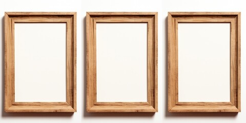 Three wooden frames hanging on a white wall. Perfect for displaying artwork or photographs - Powered by Adobe