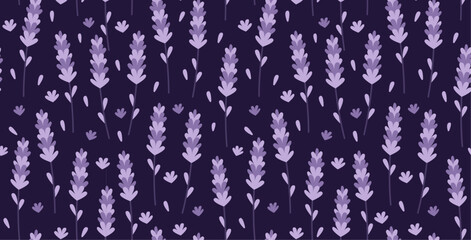 Lavender flowers seamless pattern on blue background. Provence herbs wallpaper.  Medicinal plant for sleep and relaxation. Natural remedy and perfume aroma scent ingredient.  - obrazy, fototapety, plakaty