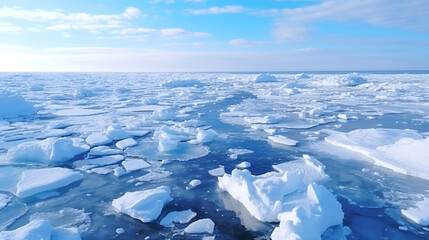 Fototapeta na wymiar 流氷の空撮、海に浮かんだ漂流する氷