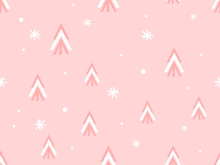 Christmas seamless pattern with pine tree and snowflakes on pink background vector illustration.