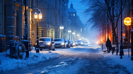 冬の都市、夜の雪の街の風景 - obrazy, fototapety, plakaty