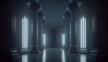 Futuristic 3d corridor with pillars and light. Design clean and minimalist background, Ai generated image.