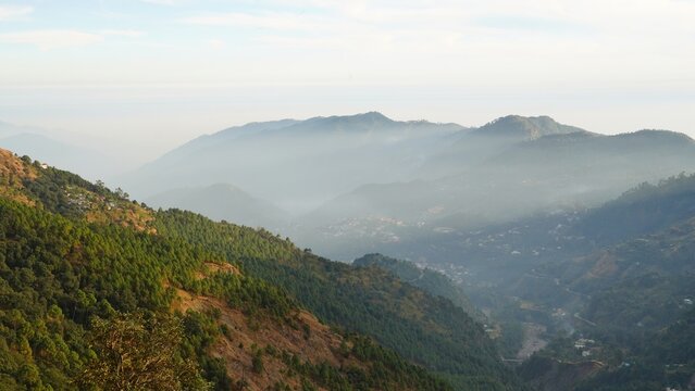 ariel view of big mountains of nanital with foggy view