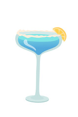 Glass of blue margarita cocktail with lemon cartoon vector illustration. Summer fresh tropical alcohol woman drink isolated on white background. Celebration with toasts and cheering. Party time.