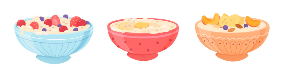 Oatmeal bowls with fruits vector illustration set. Cereal porridge for breakfast. Oat food. Natural product. Healthy food concept
