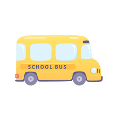 Cartoon yellow school bus vector illustration. Funny student transport isolated on white background. Happy children riding on autobus for education. Happy childhood. Welcome back to school concept