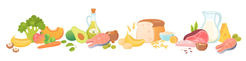 Set of food macronutrients vector illustration. Protein, carbohydrate, fat, fiber in different products. Four categories of food. Nutrient complex diet of organic natural products. Healthy lifestyle