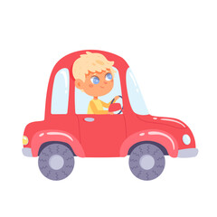 Cute kid car driver. Cartoon boy driving automobile isolated vector illustration. Toy vehicle with motor. Funny smiling chauffeur mini auto. Summer adventure. Travel time. Vacation trip