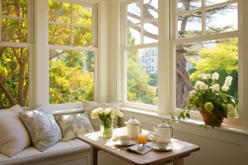 A sunlit breakfast nook with a cozy banquette, oversized windows, and a charming view, making mornings a delightful experience. - obrazy, fototapety, plakaty