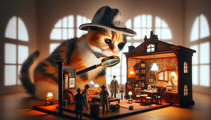 A photograph of a small calico cat wearing a detective hat and magnifying glass, investigating a miniature crime scene set inside a dollhouse