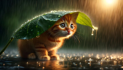 A realistic photograph of a ginger kitten caught in the rain