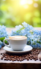 Сup of coffee on the table with blue spring flowers on blurry background. Coffee beans. Design for breakfast menu, cafe, spring offers