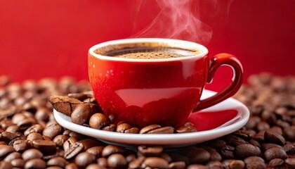 Cup of coffee over red background 