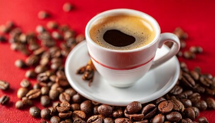 Cup of coffee over red background