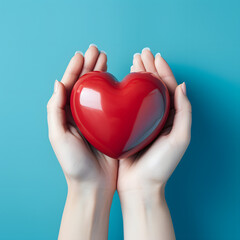 Obraz premium Hands close up holding red heart with blue background generativ ai