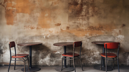 Fototapeta na wymiar Rustic Tables Against Distressed Wall