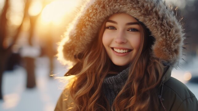 A Woman Wearing A Furry Hat And Jacket. This Picture Can Be Used For Winter Fashion Or Outdoor Activities