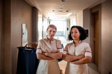 Portrait of two young women maids working in hotel