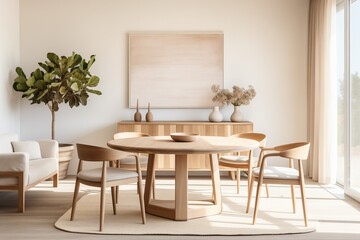 Beige chairs at rustic round wood dining table: Japanese design