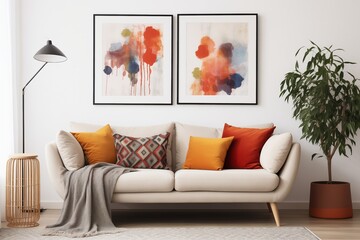 A living room with a couch and two paintings on the wall