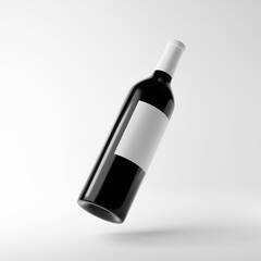 Falling glass bottle of red wine with blank label isolated over white background. Mockup template. 3d rendering.