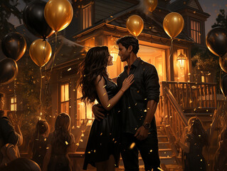 Couple Celebrating New Years with Tones of Black & Gold