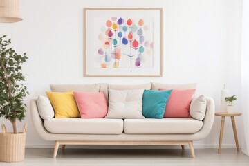Cozy sofa with colorful cushions near white wall