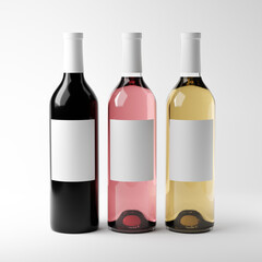 Glass bottles of red, rose and white wine with blank label isolated over white background. Mockup template. 3d rendering.