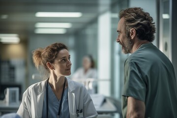A doctor talking to a patient in a hospital