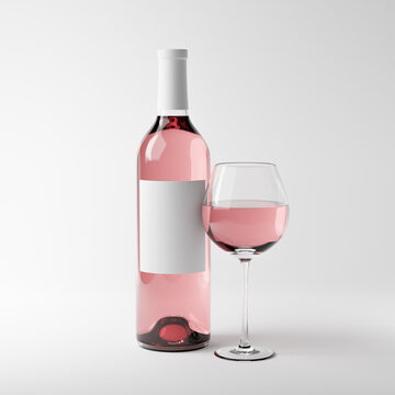 Bottle with blank label and glass of rose wine isolated over white background. Mockup template. 3d rendering.