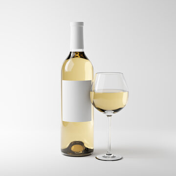 Bottle with blank label and glass of white wine isolated over white background. Mockup template. 3d rendering.