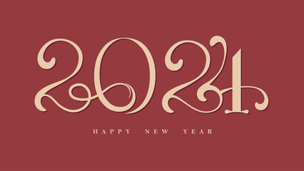 Fototapeta na wymiar 2024 Happy new year rich gold beige text on vintage red background