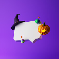 Message bubble with Halloween pumpkin, witch hat and potion bottles isolated over purple background. Halloween concept. 3D rendering.