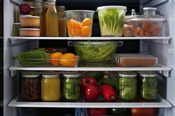 Well-stocked refrigerator with a variety of fresh vegetables and fruits. Concept: purchasing and storing food for healthy eating, dieting, weight loss