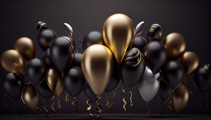 Golden and black metallic balloons and on glistering dark background with birthday party concept, Ai generated image.