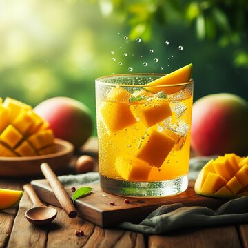 Mango fresh juice glass with natural background image.