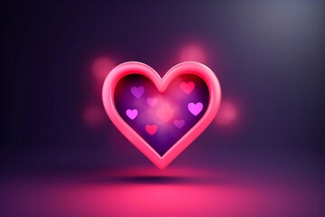 Illustration of pink heart with neon lights on a dark background. Valentine's day background with glowing heart.