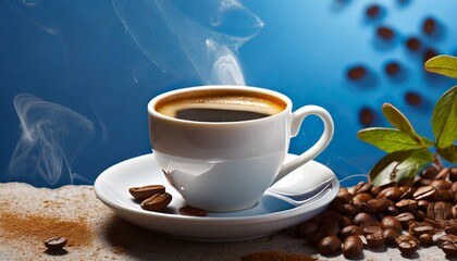 Cup of coffee over blue background