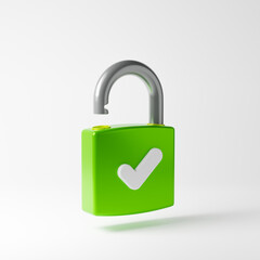 Green unlocked padlock icon with white check symbol isolated over white background. Security concept. 3D rendering.