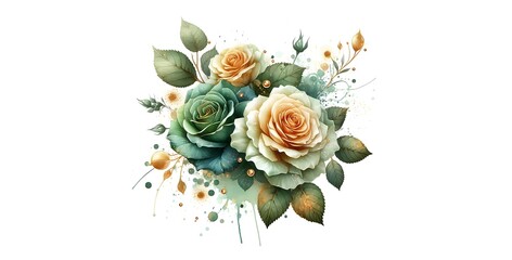 Ai green and golden rose in a watercolor splash on Isolated White Background, generative ai
