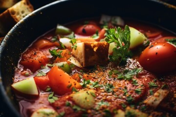 Tomato gazpacho soup in bowl - obrazy, fototapety, plakaty