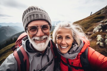 Smiling senior couple taking selfie in nature
